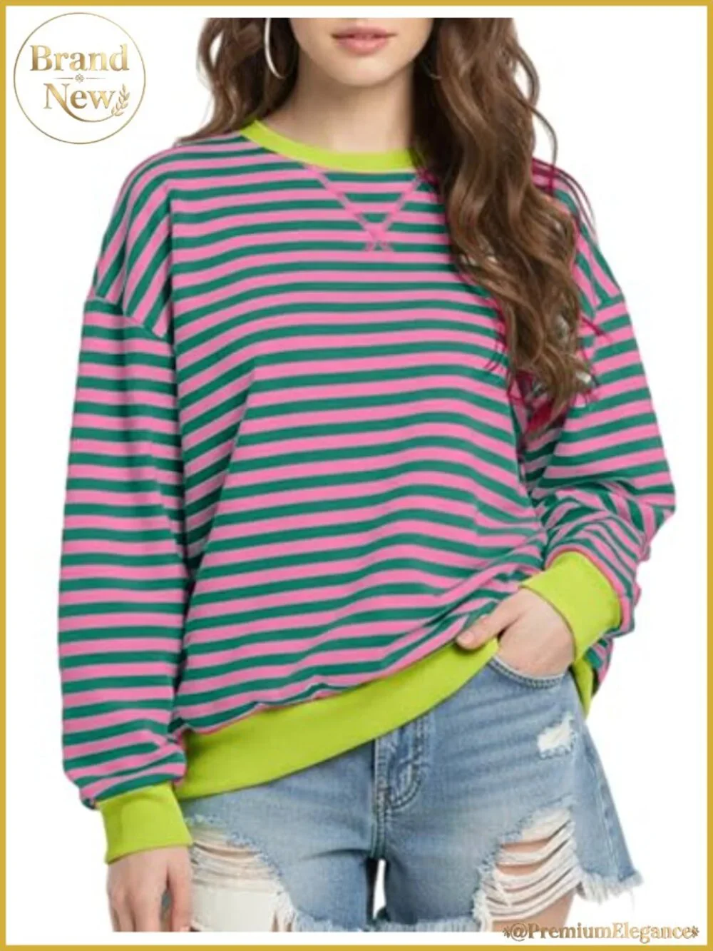 Women's Oversized Striped Crewneck Sweatshirt Long Sleeve Y2K Pullover
